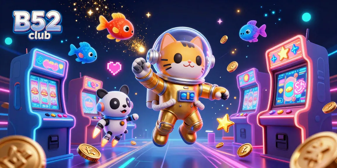B52 club delivers thrilling gaming experiences with a vibrant 3D illustration of casino games, featuring unique characters in a dynamic setting.