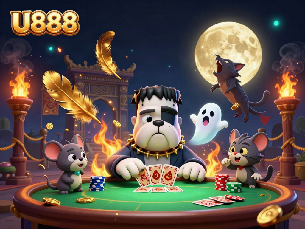 Experience thrilling casino action with U888, featuring a quirky bulldog dealer and a golden werewolf kitten.