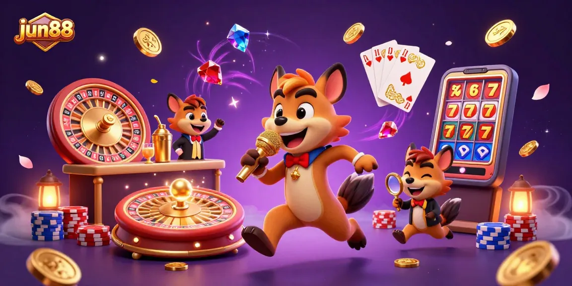 Experience the excitement of jun88 with lively hyenas in a vibrant casino scene, showcasing casino elements.
