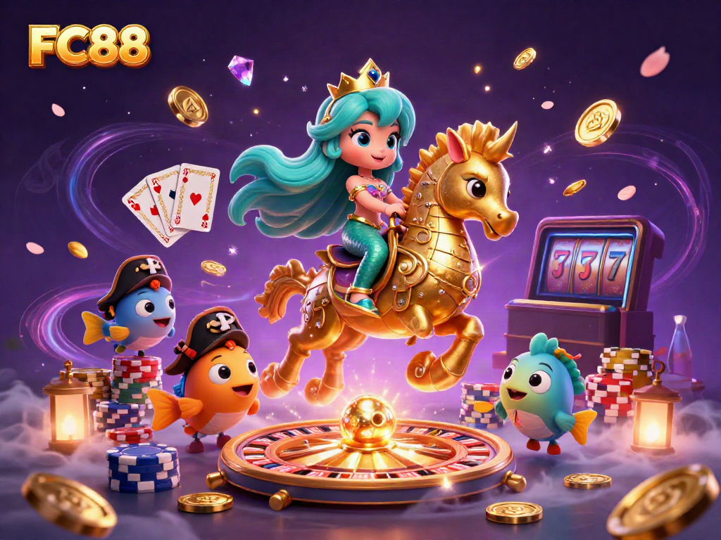 Experience thrilling gameplay with FC88, featuring a vibrant scene including a mermaid and a giant seahorse amidst gleaming casino elements.