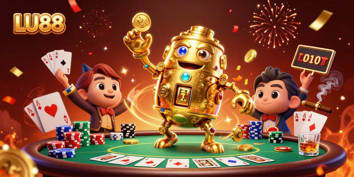 Experience the excitement at LU88 with a vibrant illustration featuring a golden golem and 3D poker elements.