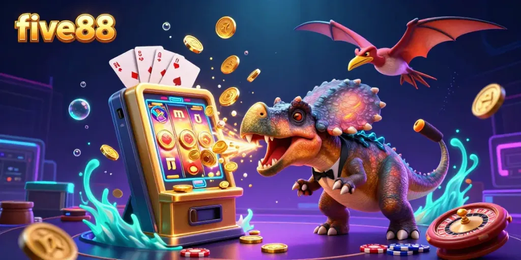 Experience the excitement at five88 as a 3D cartoon pachycephalosaurus triggers a jackpot from a golden slot machine.