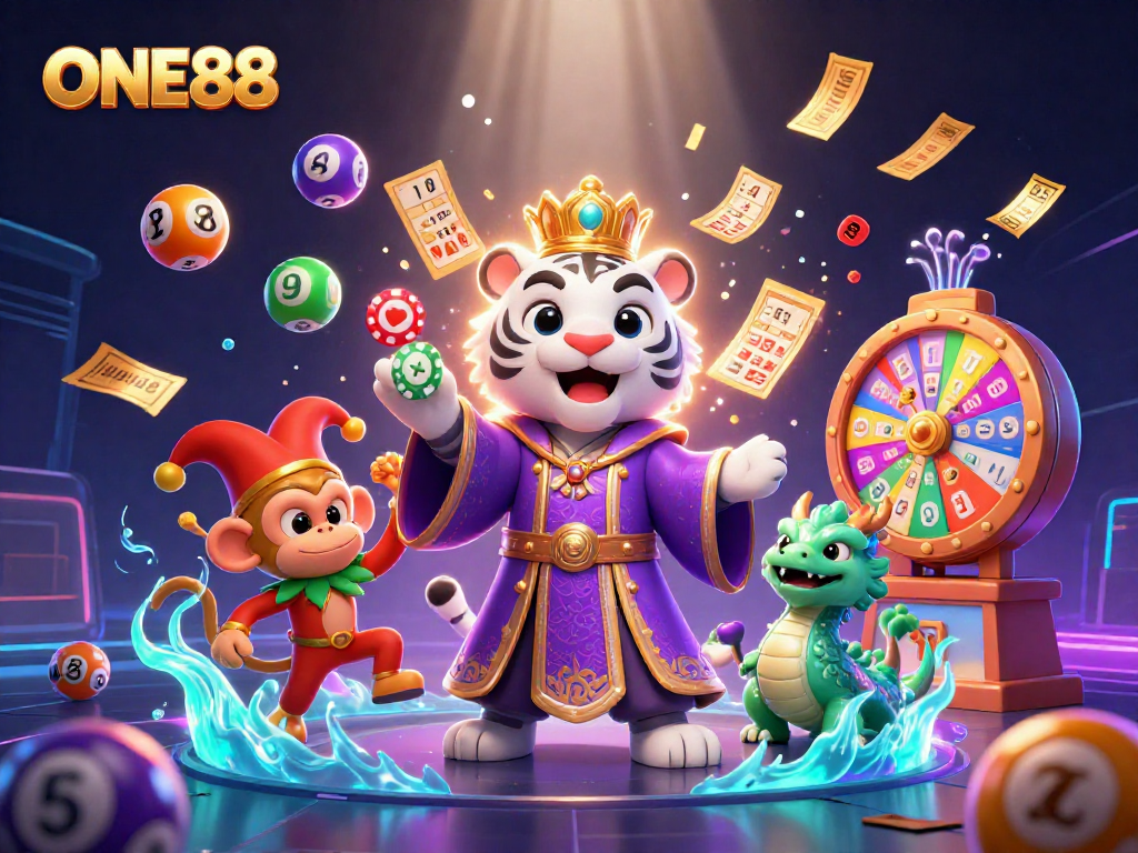 Experience the excitement of ONE88 with vibrant casino elements and engaging characters in 3D illustration.
