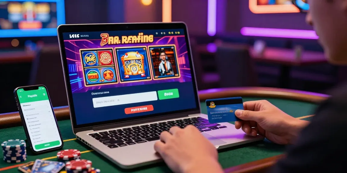 Paysafe Card Casino-Szene, die einen Spieler zeigt, der online eine Einzahlung mit einer lebhaften Gaming-Oberfläche und bunten Spielautomaten tätigt.