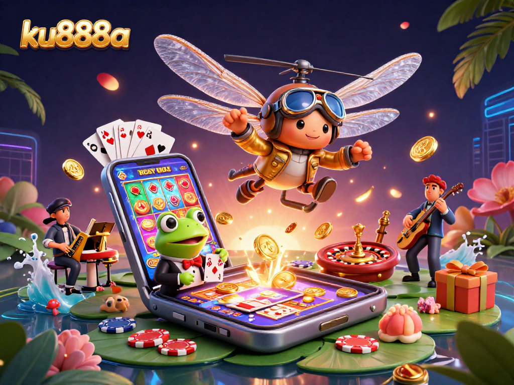 ku888a offers thrilling casino adventures with a vibrant dragonfly pilot and frog croupier