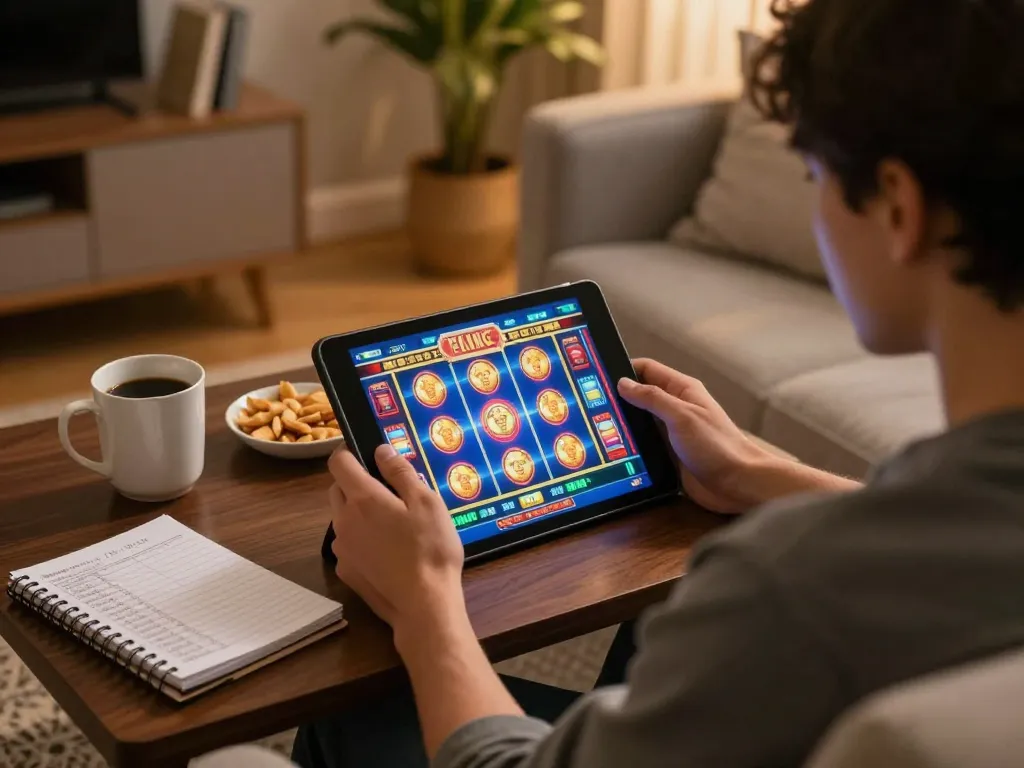 Player enjoying jus77 online slot game with bankroll strategies and cozy home ambiance.