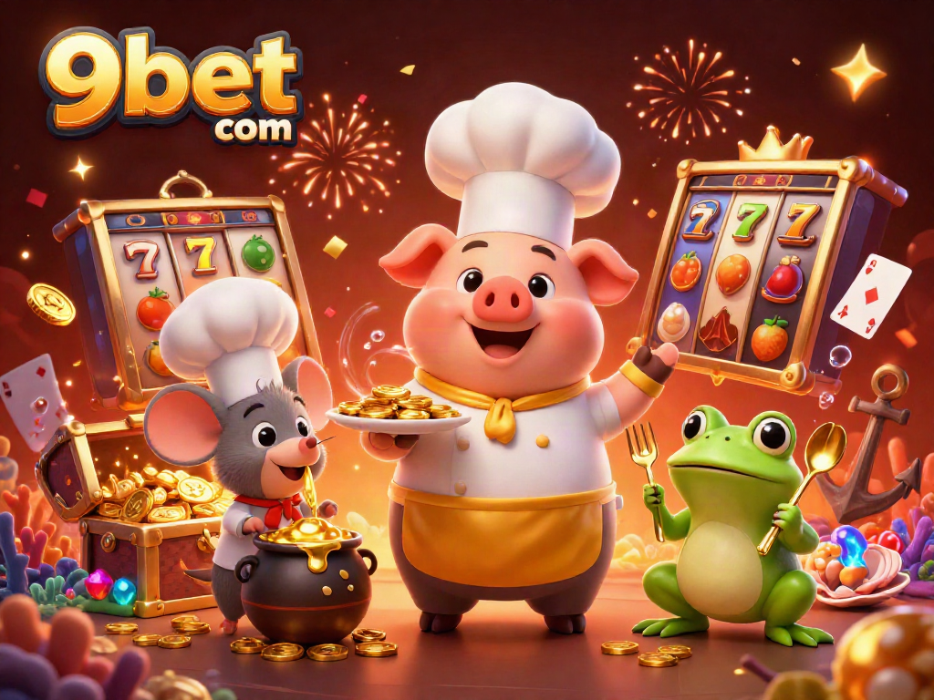 Experience excitement at 9bet com with this vibrant casino-themed 3D illustration showcasing characters and game elements.