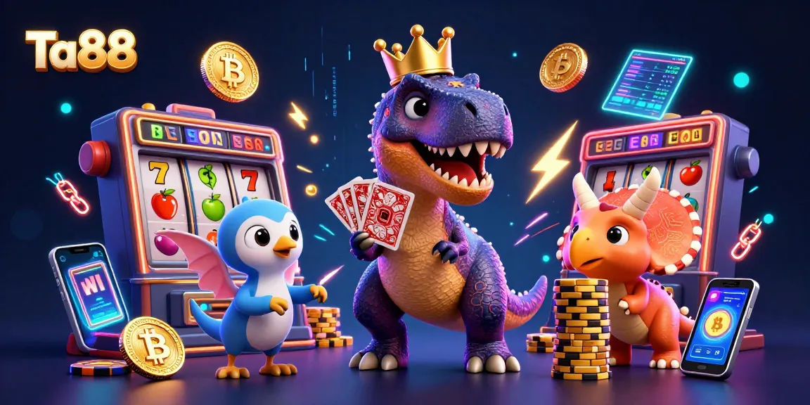 Engage with Ta88's thrilling slot action featuring a T-Rex card dealer and stacking chips.