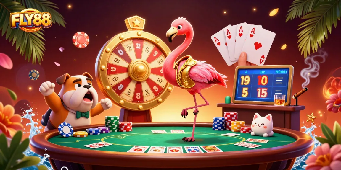 Engage with FLY88 as the flamingo spins a prize wheel surrounded by vibrant casino elements.
