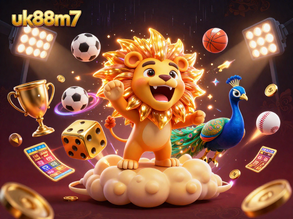 Explore uk88m7's vibrant gaming universe, featuring golden dice, sports balls, and a roaring lion in 3D