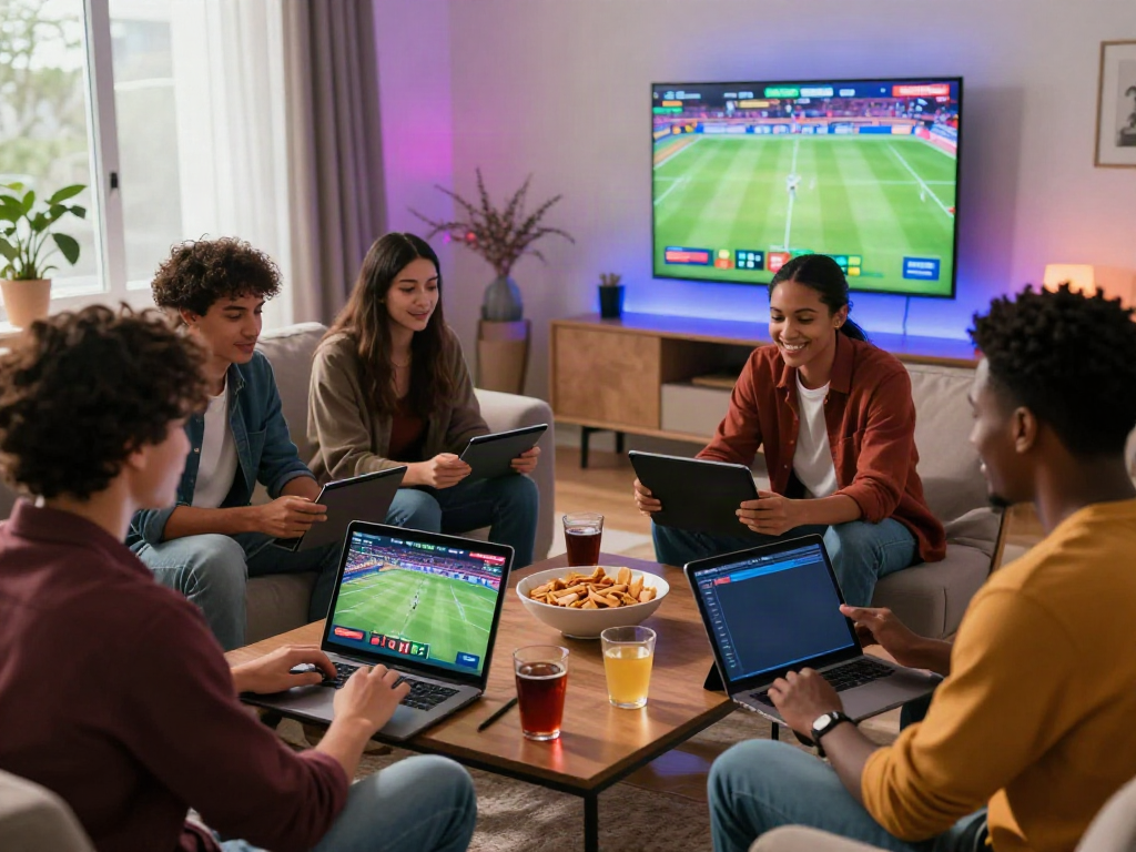 Experience excitement at NET88 with friends engaging in online betting at https://net88.broker/ in a lively living room.