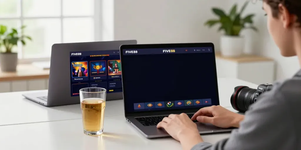 Engaging user enjoying the FIVE88 online gambling platform in a modern home office.
