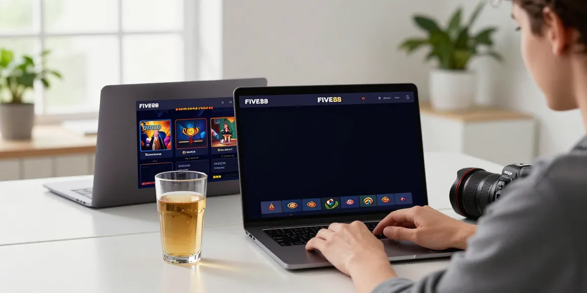 Engaging user enjoying the FIVE88 online gambling platform in a modern home office.