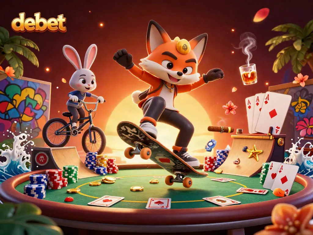 Experience debet gaming excitement with dynamic casino-themed characters in a vibrant 3D scene.