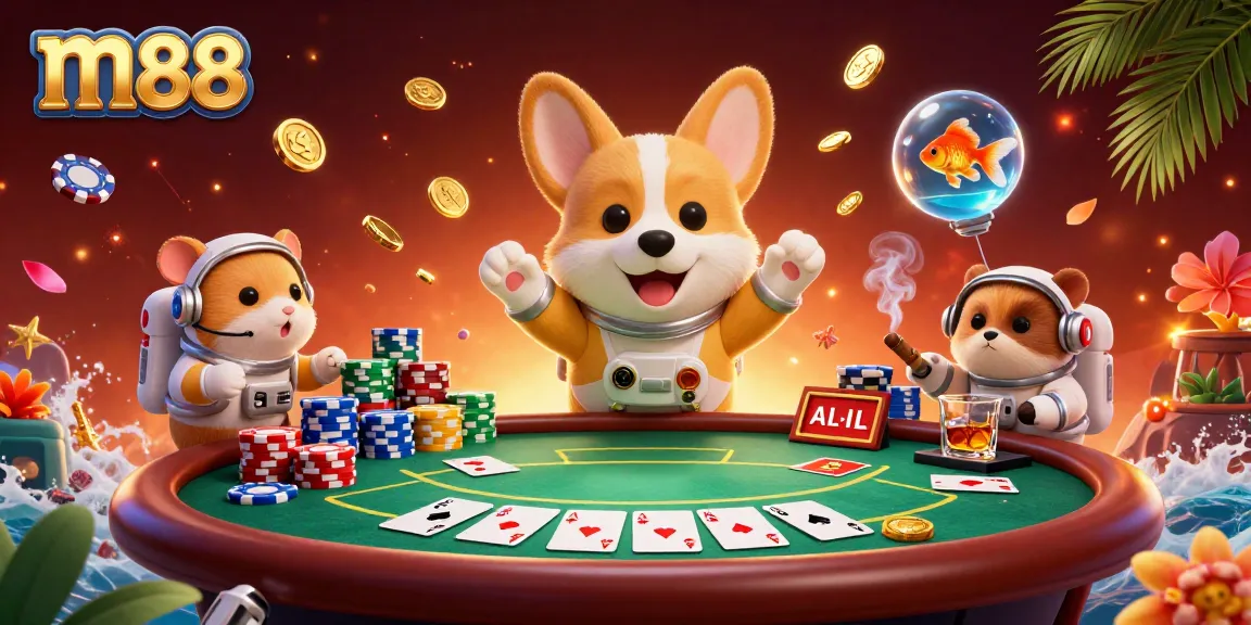 Engage with exciting m88 gaming as a corgi astronaut floats in a lively casino scene filled with chips and coins.