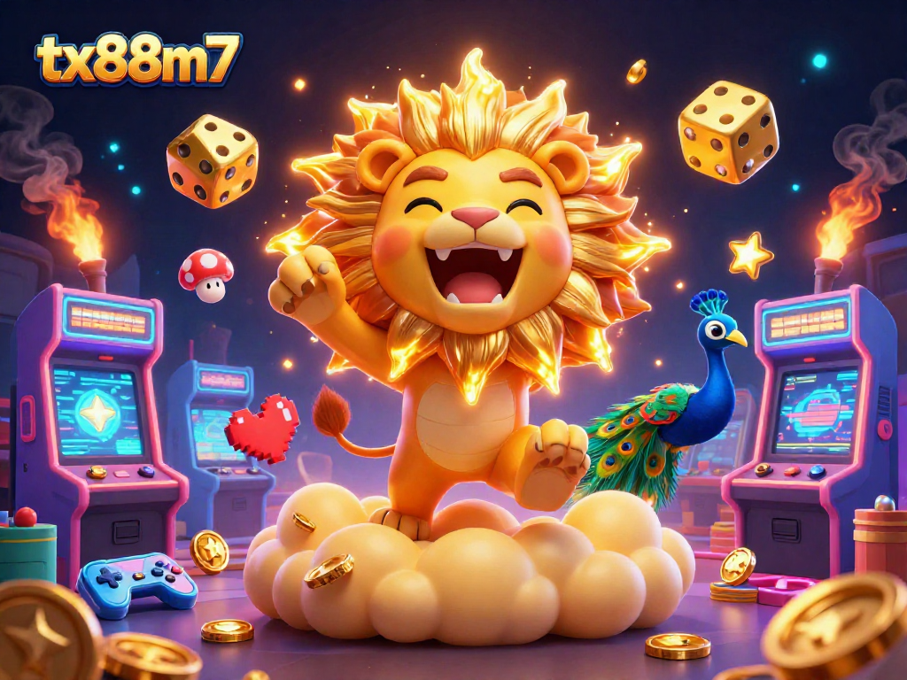 Experience the thrill of tx88m7 gaming with a roaring sun lion and cosmic dice in this vibrant casino illustration.