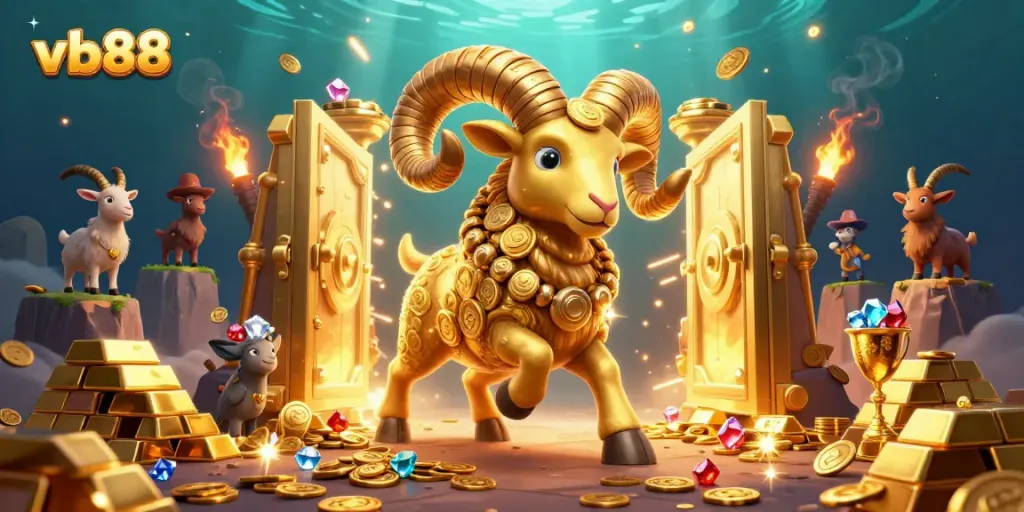 Experience exciting winnings at vb88 with a 3D golden ram celebrating at a dynamic casino scene.
