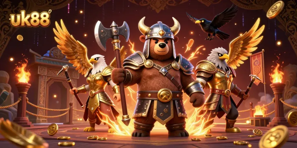 Join the action with uk88 at a dynamic casino scene featuring vibrant 3D characters battling in an engaging environment.