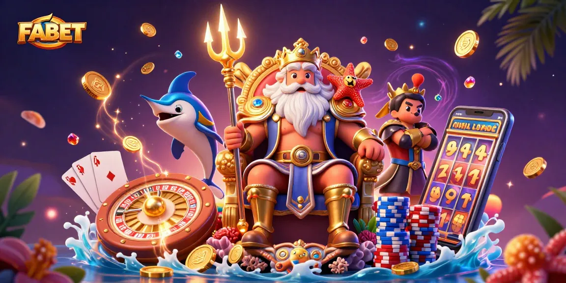 FABET offers thrilling gameplay with a vibrant illustration of Neptune overseeing casino riches.