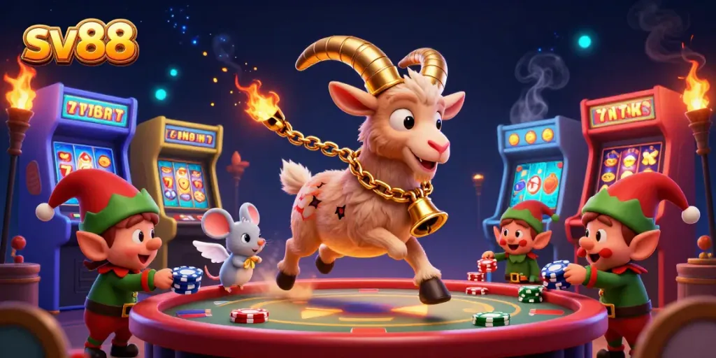 Experience thrilling gameplay at sv88 with Krampus overseeing a chaotic casino scene.