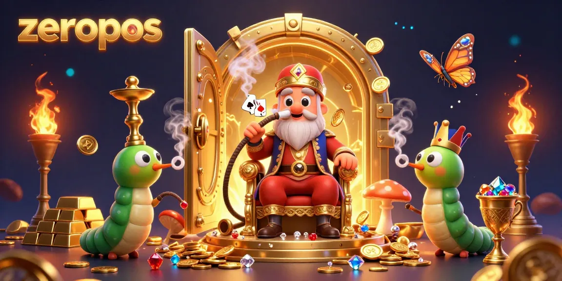 Play the zeropos game featuring a whimsical caterpillar in a Turkish sultan outfit amidst riches and vibrant gem stones.