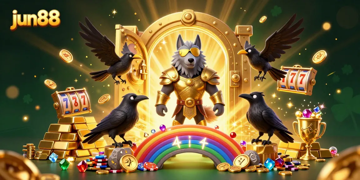 Spin the reels with Jun88's captivating wolf and ravens amidst a treasure-filled casino scene.