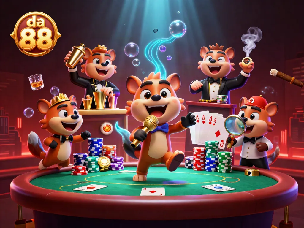 da 88 hyenas make bettors laugh in a packed casino scene with poker tables and vibrant activities.
