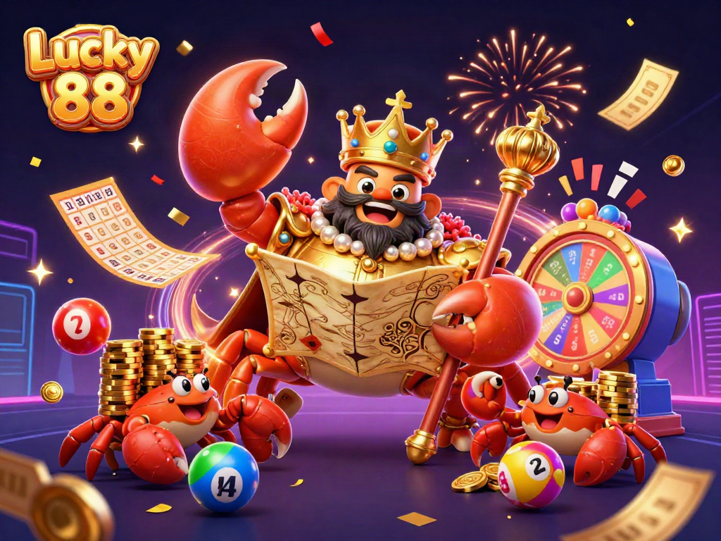 Engage in Lucky 88's thrilling world featuring a vibrant scene with a golden crab emperor and lottery elements.