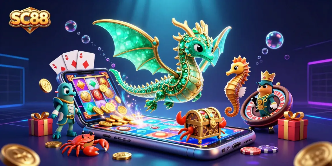 Spin exciting games with SC88, featuring a magical sea dragon and vibrant casino elements.