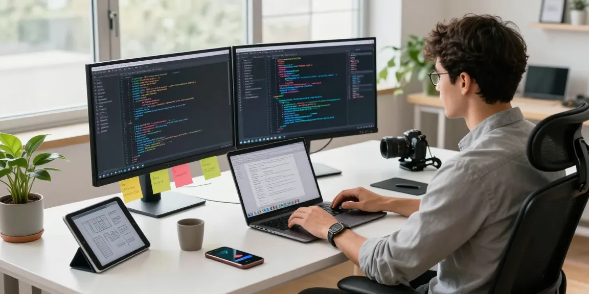 WPS Download - Software developer in modern workspace coding on dual monitors, showcasing WPS Office in use.