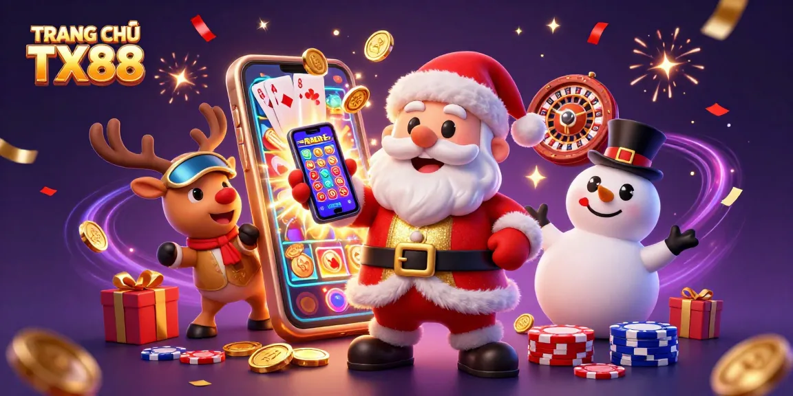 Join the fun at TRANG CHỦ TX88 with festive characters amidst casino games and vibrant colors.