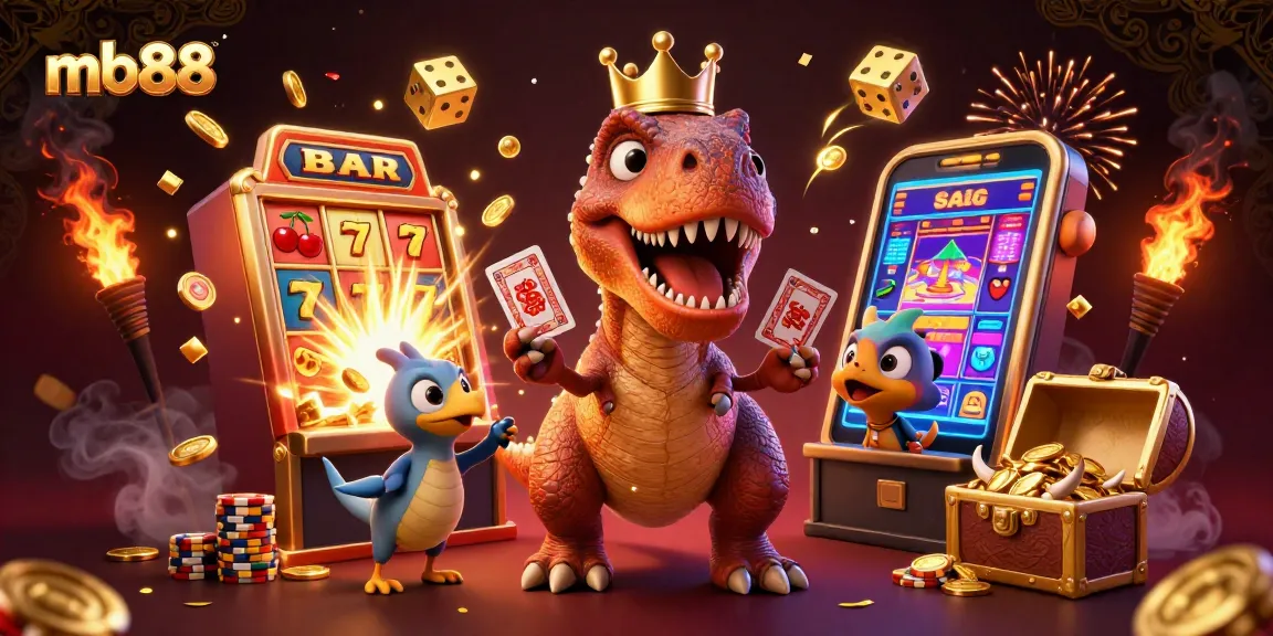Các nhân vật vui nhộn tại mb88 đang tham gia trò chơi với nhiều máy slot vàng rực rỡ.