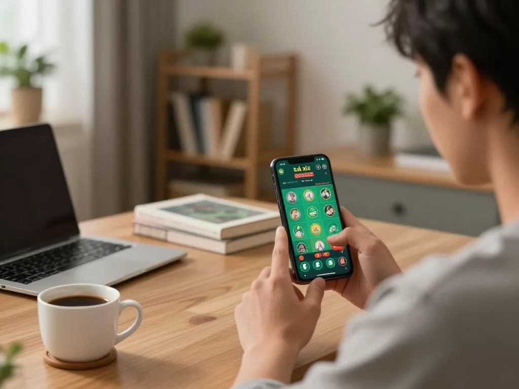Player engrossed in app tài xỉu online uy tín, analyzing betting strategies on smartphone in cozy home office