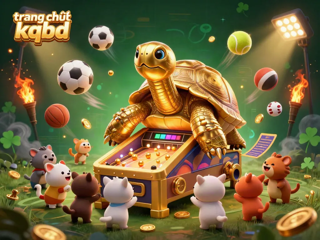 Experience the excitement on the trang chủ kqbd with a colossal golden tortoise pinball machine surrounded by sports elements.