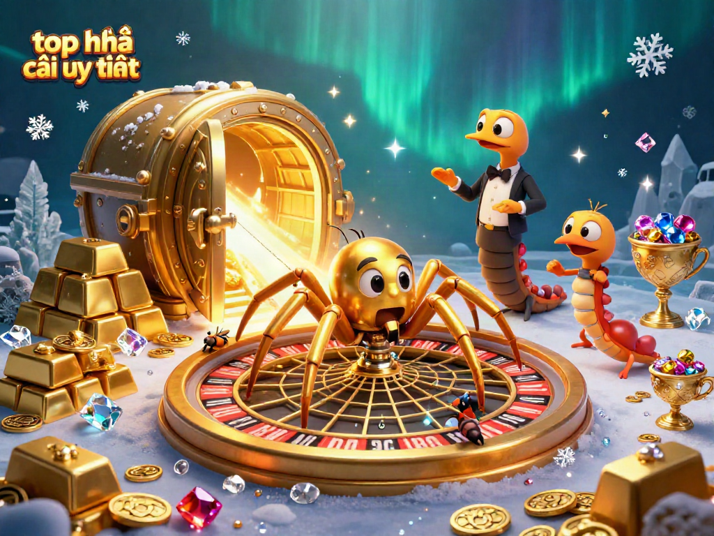 Experience top nhà cái uy tín with this vibrant 3D casino scene featuring a spider roulette and gold treasures.