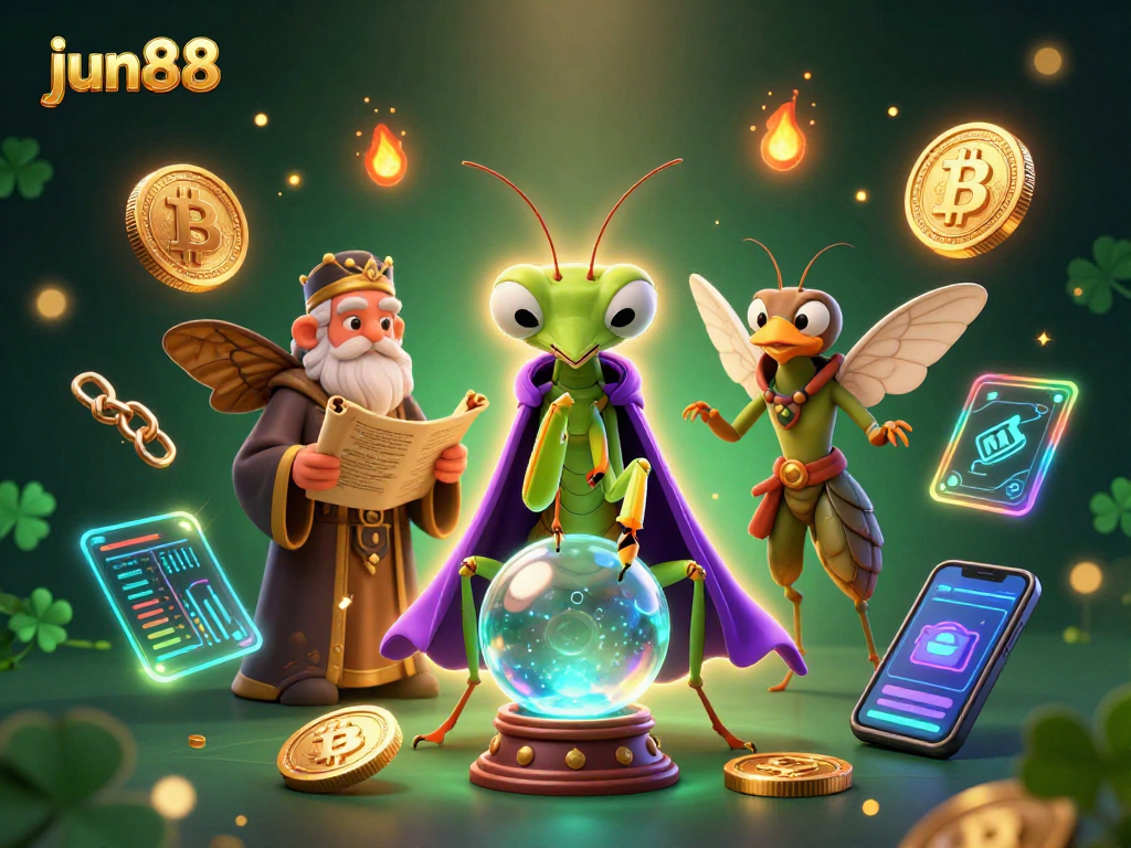Engage in fun gaming with jun88 as a praying mantis fortune teller consults a crystal ball surrounded by crypto symbols.