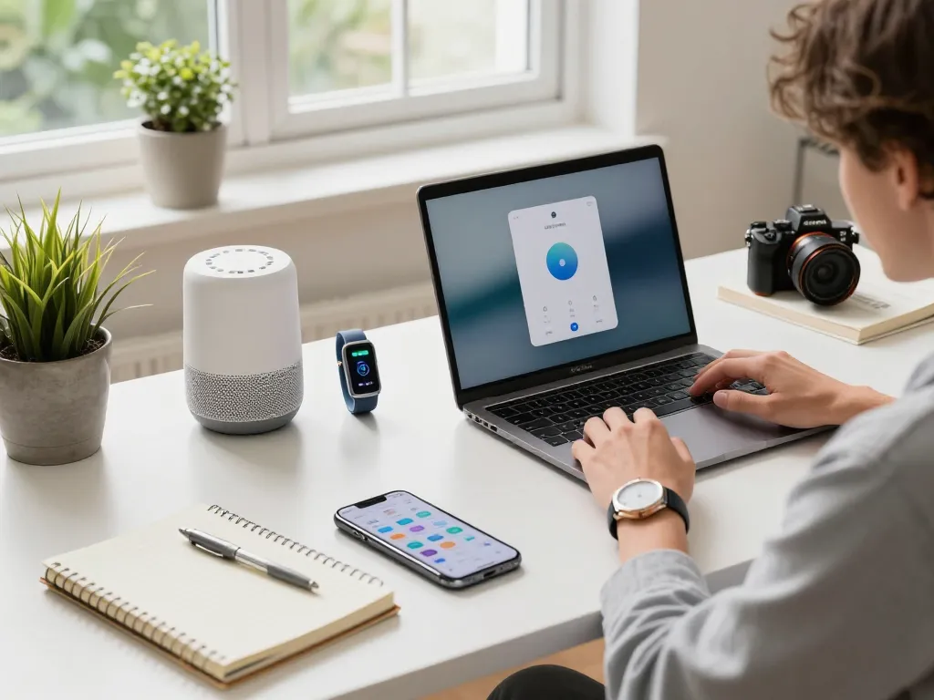Engaging workspace displaying smart tech gadgets like Bluetooth speakers and fitness trackers, enhancing productivity and innovation.