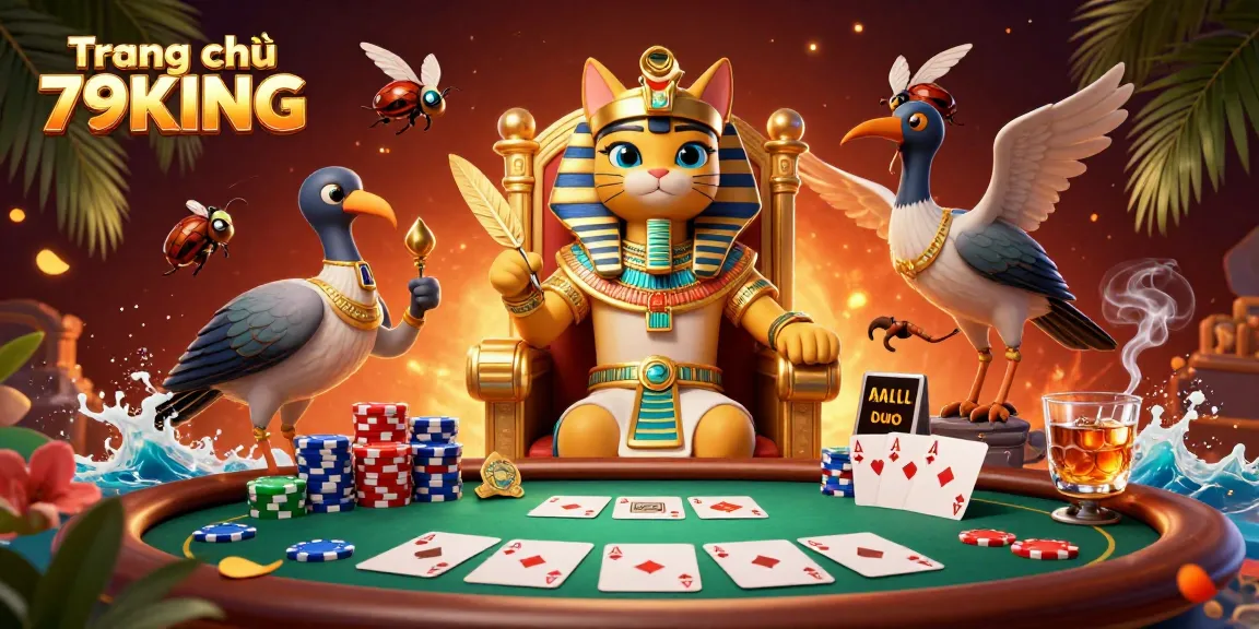 Engage with Trang chủ 79KING's vibrant poker scene featuring an Egyptian cat pharaoh and dynamic casino elements.