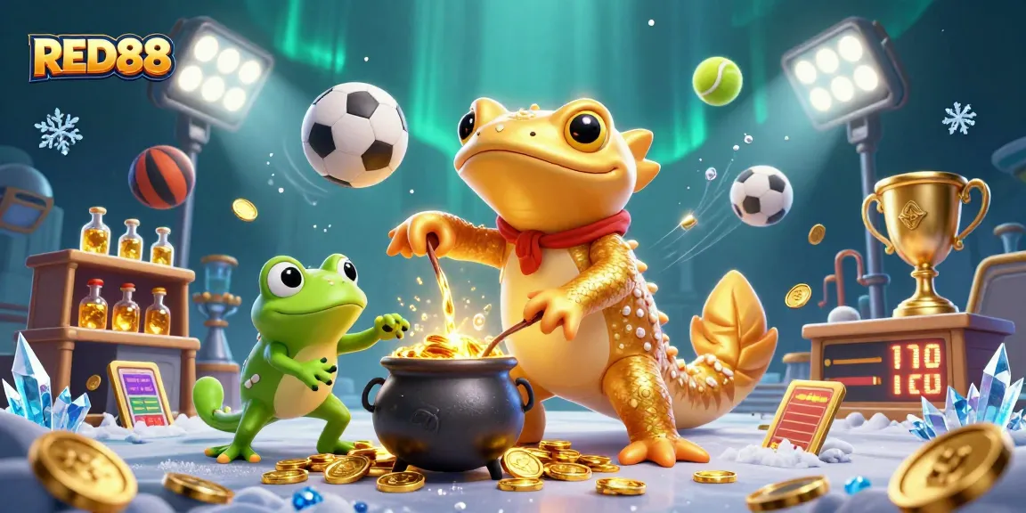 Experience the magic of RED88 with a captivating scene of a salamander alchemist creating gold coins amidst dynamic sports elements.