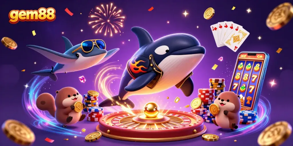 Gem88's dynamic illustration depicts a thrilling casino scene with an orca, stingray, and otters winning big.