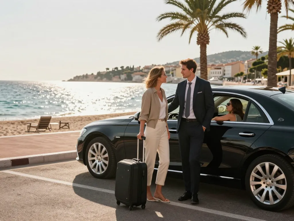 Service de taxi à Saint-Tropez avec un chauffeur professionnel aidant les passagers dans un emplacement en bord de mer.