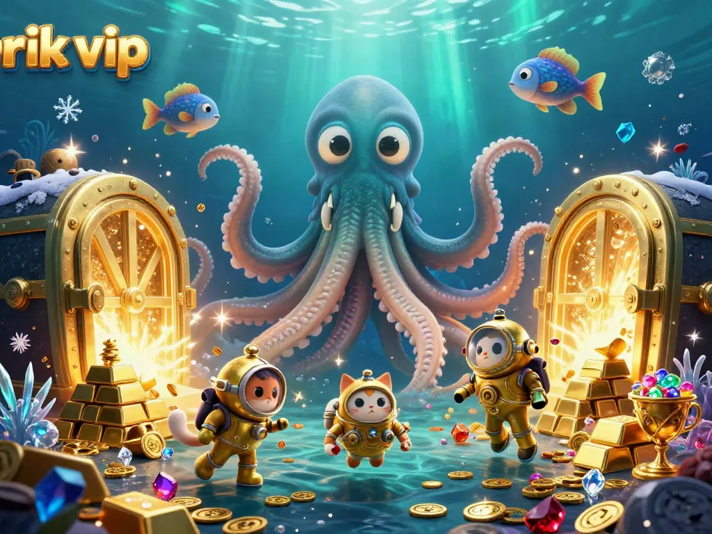 Experience thrilling moments in rik vip with a colossal kraken and treasure galore in this vibrant casino scene.