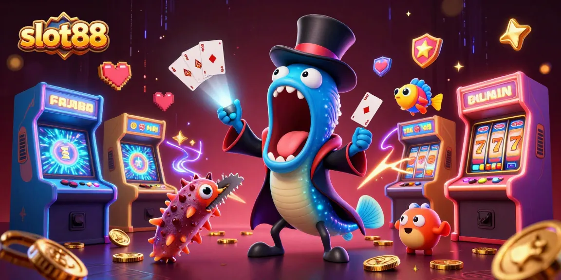 Slot88 hadir dengan ilustrasi kasino 3D penuh warna mencakup ikan gulper dan anglerfish dalam aksi sihir kasino.