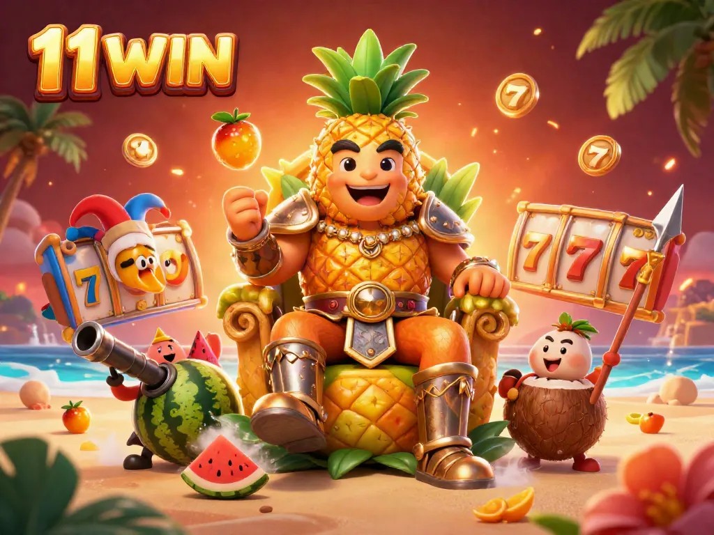 Win big at 11 WIN with a dynamic casino scene featuring a pineapple king and vibrant gaming elements.