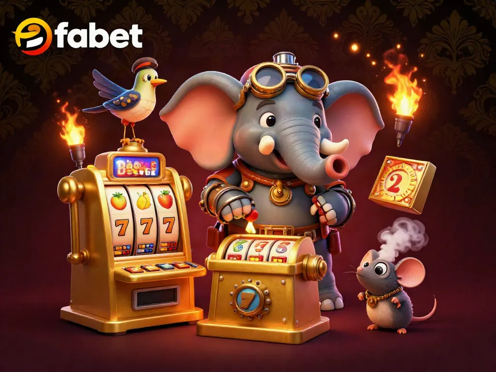 Experience thrilling gameplay at fabet with a vibrant steampunk casino illustration featuring a slot machine.