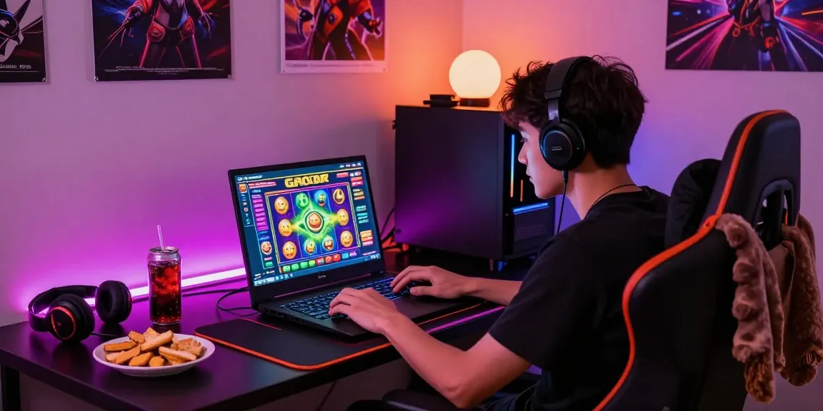 Engaging gamer enjoying a slot gacor game with vibrant visuals and cozy setup.
