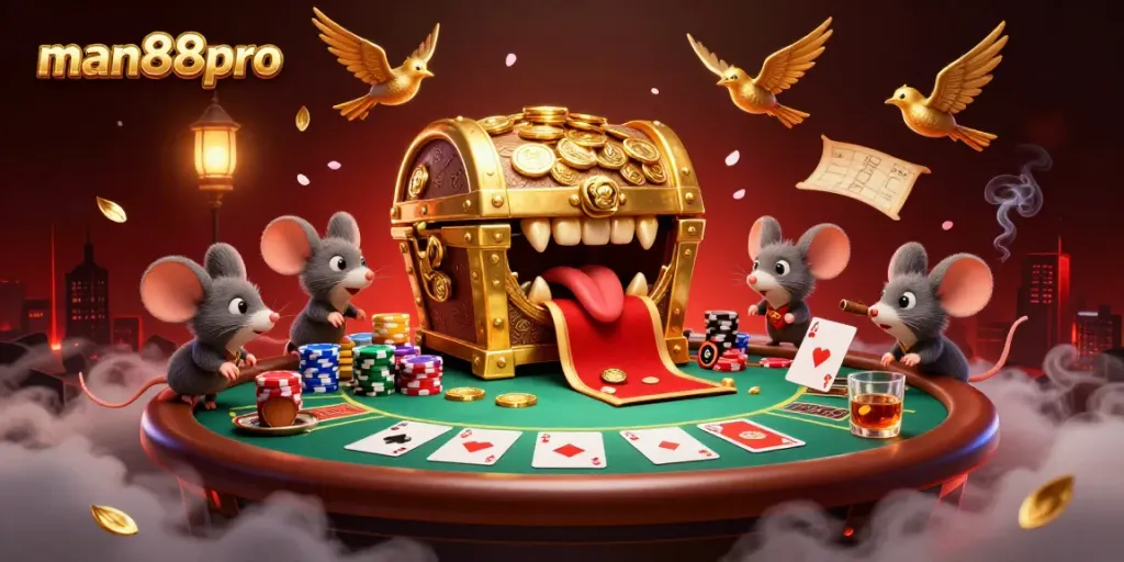 Experience the thrills at man88pro with an imaginative treasure chest scene filled with poker excitement and rich rewards.