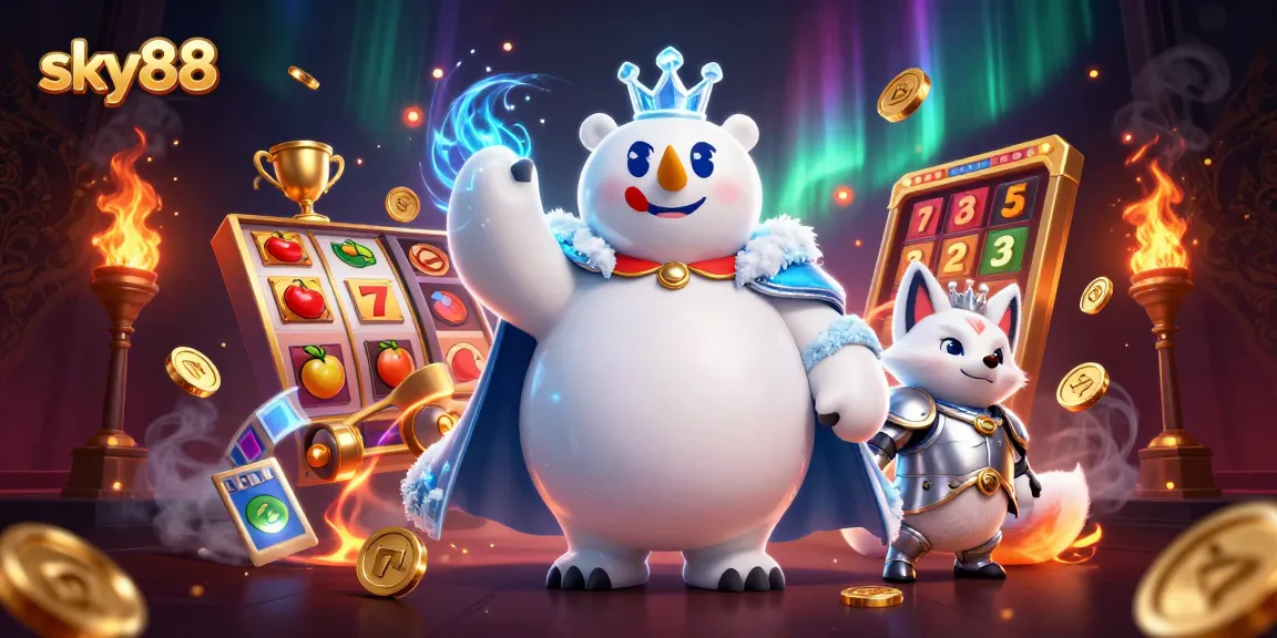 Sky88's 3D scene showcases a polar bear king with a snowy fox amidst vibrant casino elements.