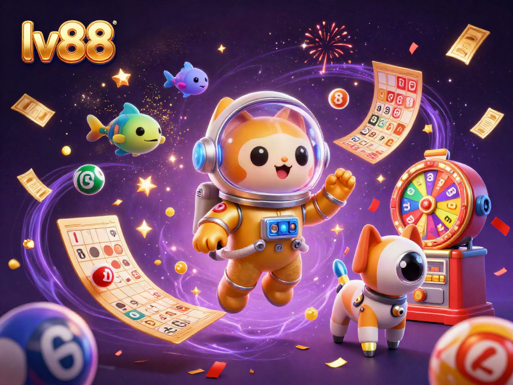 Experience the excitement of lv88 with a floating golden astronaut cat and dynamic lottery elements in a cosmic casino setting.