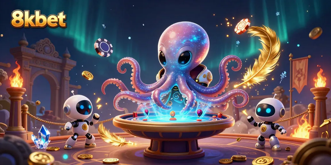 Engage in thrilling games at 8kbet with a cosmic octopus dealer and exciting poker gameplay.